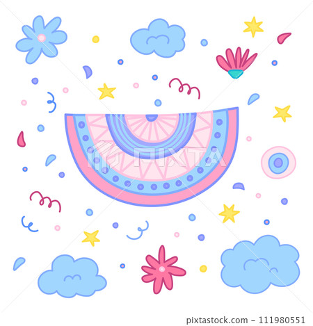 Cartoon Color Doodle Wool Llama or Alpaca Knitted Blanket and Cute Elements Concept Flat Design Style. Vector illustration 111980551