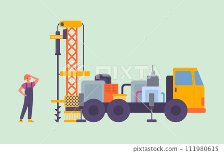 Cartoon Color Character Men Watching Well Drilling Machine Equipment for High-Mining Industry Concept Flat Design Style. Vector illustration 111980615