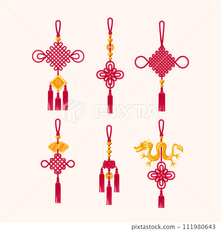 Cartoon Color Chinese Tassels Traditional Set Concept Flat Design Style Chinese Characters mean Happy. Vector illustration of Red Asian Knot with Gold Elements Cartoon Color Chinese Tassels Traditional Set Concept Flat Design Style Chinese Characters mean Happy. Vector illustration of Red Asian Knot with Gold Elements 111980643