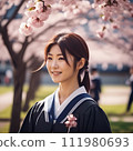 A female student celebrates her graduation ceremony with cherry blossoms in her bag. 111980693