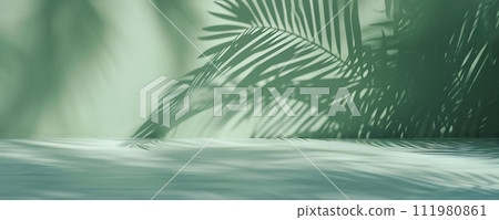 AI-generated content. Advertising background with soft palm tree shadows. Wall and tabletop are the same delicate, light color 111980861