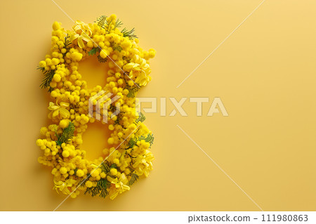 AI-generated content. International Women's day concept - number eight made of mimosa flowers on yellow background, top view 111980863