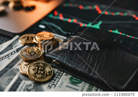 AI-generated content. Crypto currency concept - bitcoin, wallet, dollars, financial charts in background AI-generated content. Crypto currency concept - bitcoin, wallet, dollars, financial charts in background 111980870
