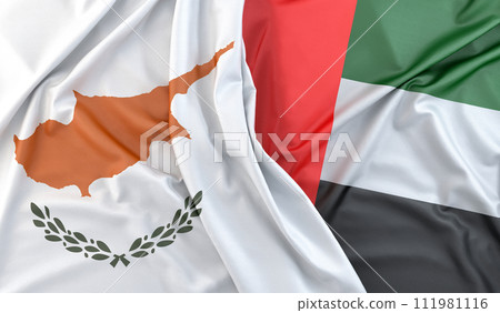 Ruffled Flags of Cyprus and United Arab Emirates. 3D Rendering Ruffled Flags of Cyprus and United Arab Emirates. 3D Rendering 111981116