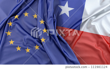 Ruffled Flags of European Union and Chile. 3D Rendering Ruffled Flags of European Union and Chile. 3D Rendering 111981124