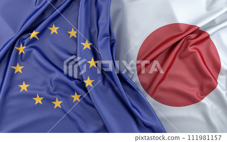 Ruffled Flags of European Union and Japan. 3D Rendering 111981157