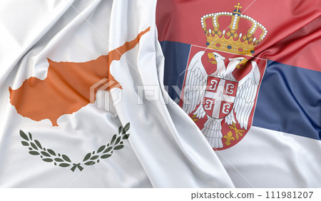 Ruffled Flags of Cyprus and Serbia. 3D Rendering 111981207