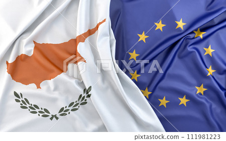 Ruffled Flags of Cyprus and European union. 3D Rendering 111981223