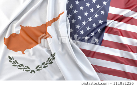 Ruffled Flags of Cyprus and USA. 3D Rendering 111981226