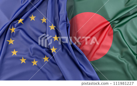 Ruffled Flags of European Union and Bangladesh. 3D Rendering 111981227