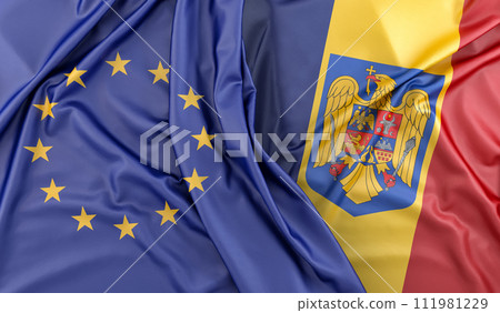 Ruffled Flags of European Union and Romania (with coat of arms). 3D Rendering 111981229