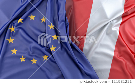 Ruffled Flags of European Union and Peru. 3D Rendering 111981231