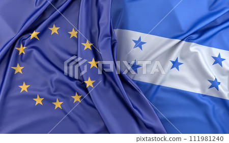 Ruffled Flags of European Union and Honduras. 3D Rendering 111981240