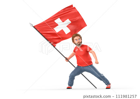Man proudly holding flag of Switzerland. Isolated on white background. 3D Rendering 111981257