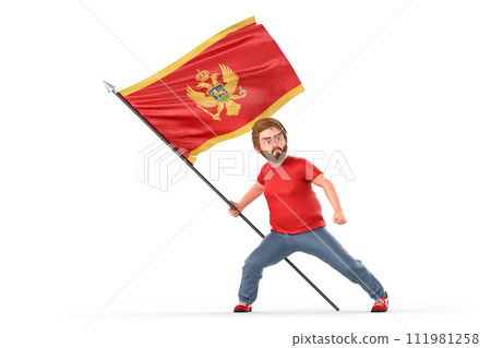 Man proudly holding flag of Montenegro. Isolated on white background. 3D Rendering Man proudly holding flag of Montenegro. Isolated on white background. 3D Rendering 111981258