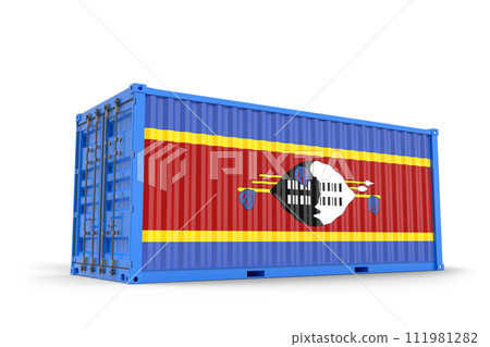Shipping cargo container textured with Flag of Eswatini. Isolated. 3D Rendering 111981282
