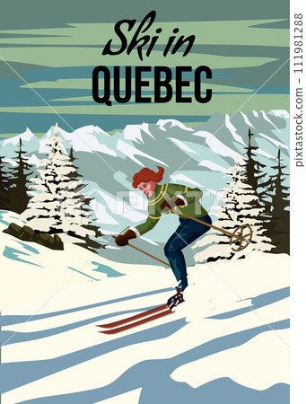 Vintage Travel poster Ski Quebec resort. Canada winter landscape travel card Vintage Travel poster Ski Quebec resort. Canada winter landscape travel card 111981288