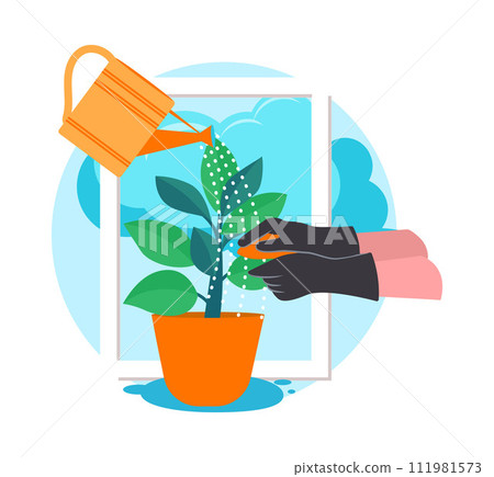 Flat design illustration saves water. A person wearing a gardening glove is watering a potted plant using a watering can. The plant is being held up by a hand. Flat design illustration saves water. A person wearing a gardening glove is watering a potted plant using a watering can. The plant is being held up by a hand. 111981573