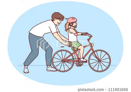Loving father helps pre-teenage daughter in helmet learn to ride bike Loving father helps pre-teenage daughter in helmet learn to ride bike 111981608
