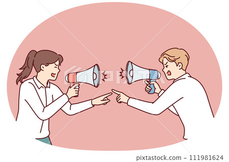 Aggressive men and women with megaphones quarreling and pointing fingers at each other Aggressive men and women with megaphones quarreling and pointing fingers at each other 111981624
