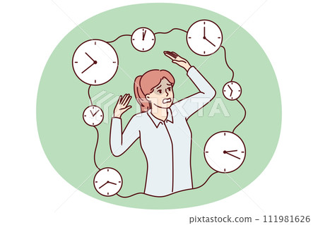 Frightened woman raising hands standing among clocks symbolizing tough deadlines 111981626