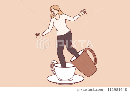 Large coffee cups on legs of girl experiencing discomfort due to caffeine addiction Large coffee cups on legs of girl experiencing discomfort due to caffeine addiction 111981648