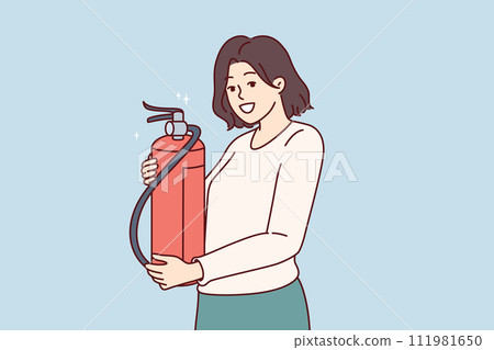 Woman with fire extinguisher, recommending checking expiration date of fire-fighting equipment Woman with fire extinguisher, recommending checking expiration date of fire-fighting equipment 111981650