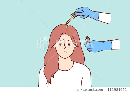 Fighting lice on head girl sadly attending procedure applying medicinal ointment for pediculosis Fighting lice on head girl sadly attending procedure applying medicinal ointment for pediculosis 111981651