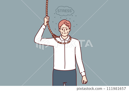 Depressed young man wants to commit suicide and hang himself due to being fired or going bankrupt 111981657