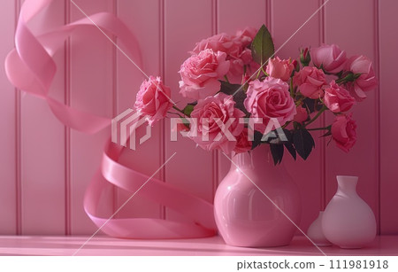 pink roses in vase and pink ribbon pink roses in vase and pink ribbon 111981918