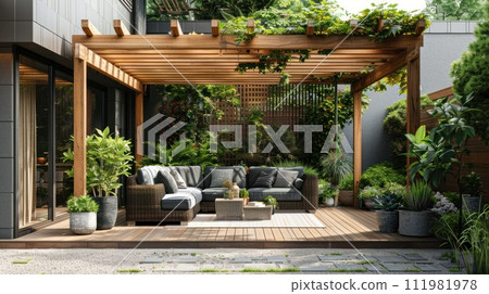Beautiful modern terrace with wooden pergola and potted plants 111981978