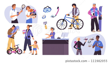 Buyers in sport store. People choose sneakers and sportswear. Happy shop visitors buy skis and bicycles. Consultants help with choice. Seller at cashier. Garish vector shopping set 111982055