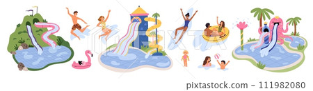 Cartoon happy water park visitors. Funny people in aquapark. Adults and children ride down slides. Plastic attractions. Waterpark entertainment. Family summer leisure. Garish vector set 111982080
