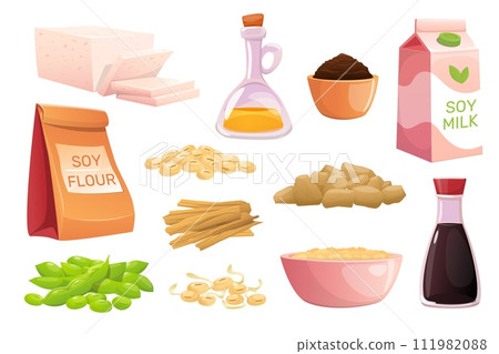 Cartoon soy products. Vegetable protein from legumes. Tofu cheese. Plant butter. Seed flour and sauce. Vegetarian meat substitutes. Miso and soymilk. Beans oil. Vector diet food set 111982088