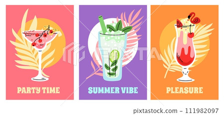 Cocktail drinks cards. Summer party beverages. Various liqueurs and sodas. Alcohol tropical compositions. Pina colada glass. Cold mojito. Margarita decorated with fruits. Garish vector set 111982097