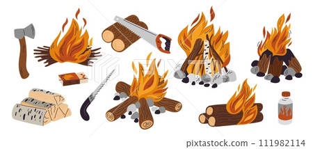 Different bonfires types. Burning campfires. Brushwood and firewood heaps. Various wood materials. Tools for chopping. Camp fire flames. Axe and saw. Timber combustion. Garish vector set 111982114