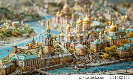 Miniature town with a church surrounded by water 111982131