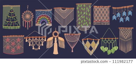 Modern macrame decor. Patterned wall hangings made of strings. Scandinavian rustic style. Handmade rope weaving ornaments. Dream catcher. Boho knitted decorations. Recent vector set 111982177