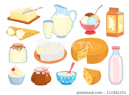 Various milk products. Cartoon dairy food. Cottage cheese. Butter piece. Sour cream. Yoghurt bottle. Jug and glass. Healthy nutrition. Organic curd bowl. Farm meal. Splendid vector set 111982231