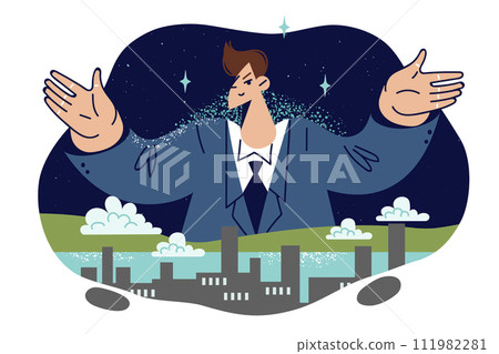 Influential businessman owns industrial enterprise throws up hands, standing near factory buildings 111982281
