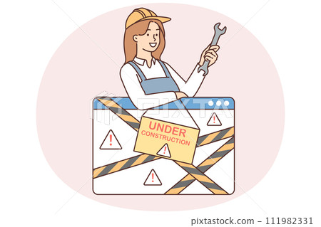 Repairman woman with wrench near under construction sign for 404 page of website or app 111982331