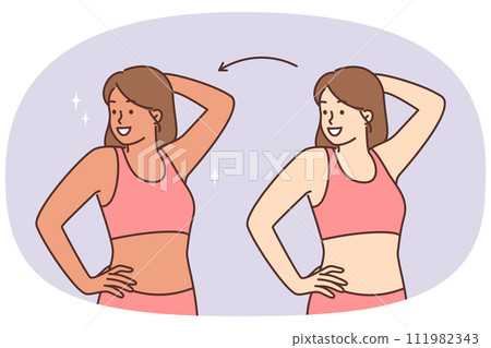 Woman before and after sunbathing or going to spa with visit to solarium to get tanned skin color Woman before and after sunbathing or going to spa with visit to solarium to get tanned skin color 111982343