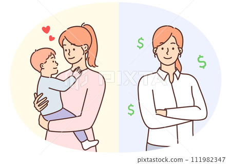 Successful businesswoman standing with arms folded near young loving mother with little baby in arms 111982347