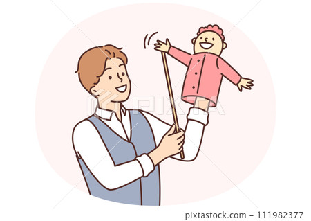 Man puppeteer is preparing to go on stage to show children theater with hand-operated puppets 111982377