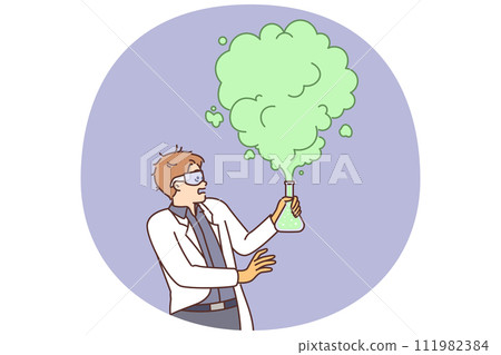 Mad chemical scientist man conducts dangerous chemistry experiment with reagents and fails Mad chemical scientist man conducts dangerous chemistry experiment with reagents and fails 111982384