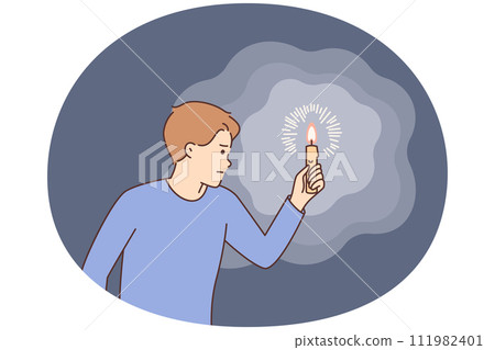 Intrigued man carries burning candle, illuminating path in darkness, hearing rustle or sound 111982401
