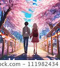 High school girl looking up at cherry blossoms 111982434