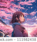 High school girl looking up at cherry blossoms 111982438
