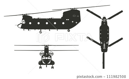Military transport helicopter. Armed copter silhouette. Top, front and side views. Black drawing. Industrial blueprint of war force aviation. Army cargo vehicle 111982508
