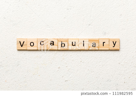 vocabulary word written on wood block. vocabulary text on table, concept vocabulary word written on wood block. vocabulary text on table, concept 111982595